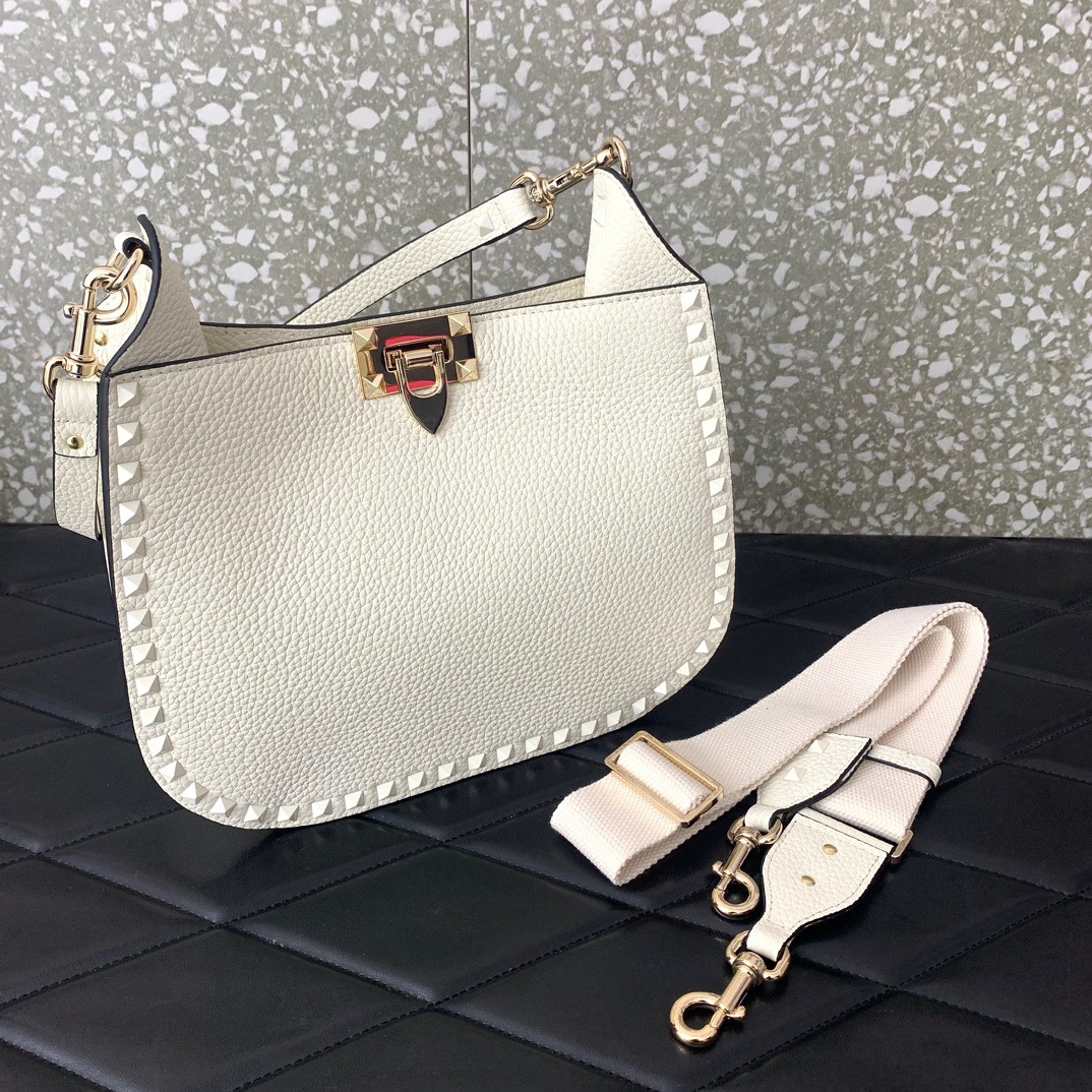 Valentino Garavani Rockstud Hobo Bag in Ivory Grainy Calfskin